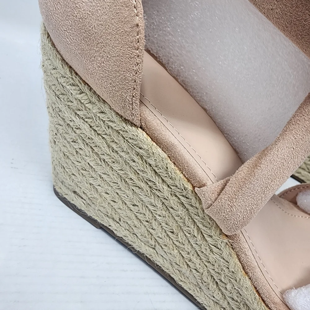 New‎ Blush Pink Espadrille Wedge Sandals Suede Ankle Tie Platforms Size 9.5